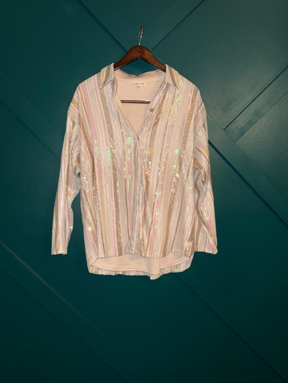 Main Strip Iridescent Pastel Striped Button-Up Blouse